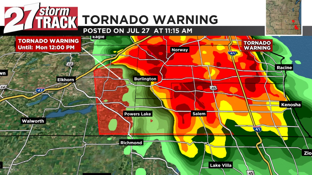 A tornado warning is in effect until Jul 27 12:00PM for Kenosha