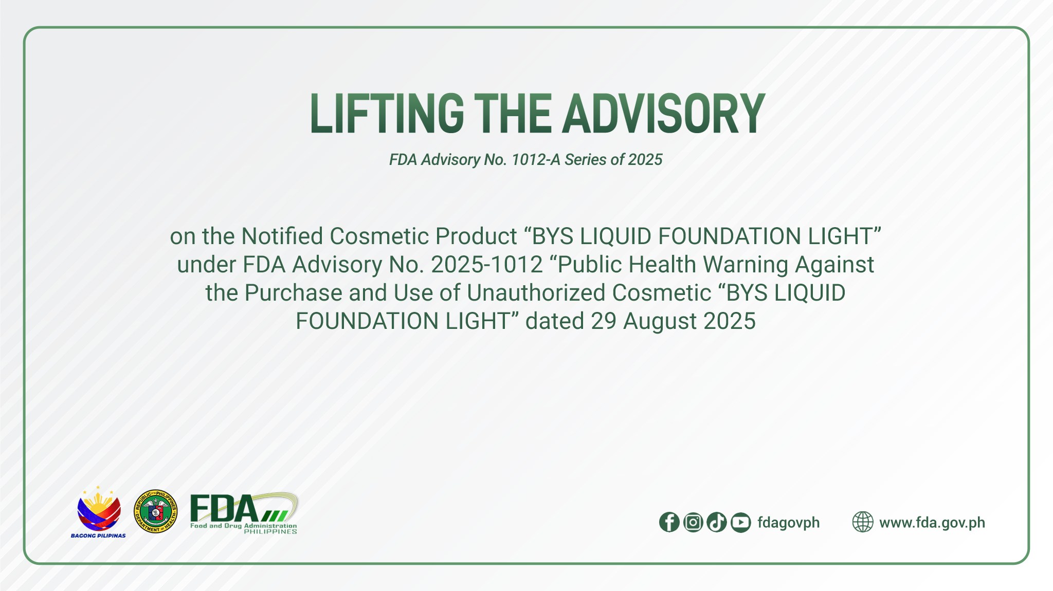 active white l-glutathione lazada FDA Advisory No.2025-1012-A || Lifting the Advisory on the Notified Cosmetic Product “BYS LIQUID FOUNDATION LIGHT” under FDA Advisory No. 2025-1012 “Public Health Warning Against the Purchase and Use of Unauthorized Cosmetic “ PDF) What is L-Glutathione
