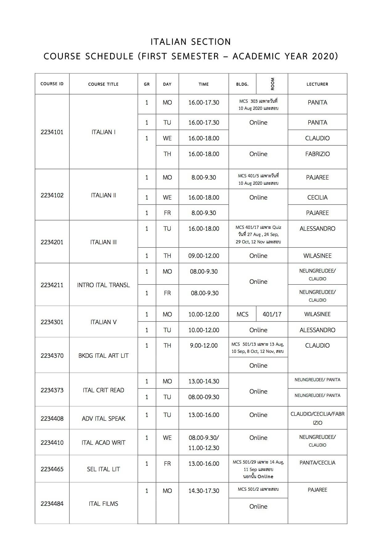 ตารางสอนของสาขา... - Italian Section, Chulalongkorn University