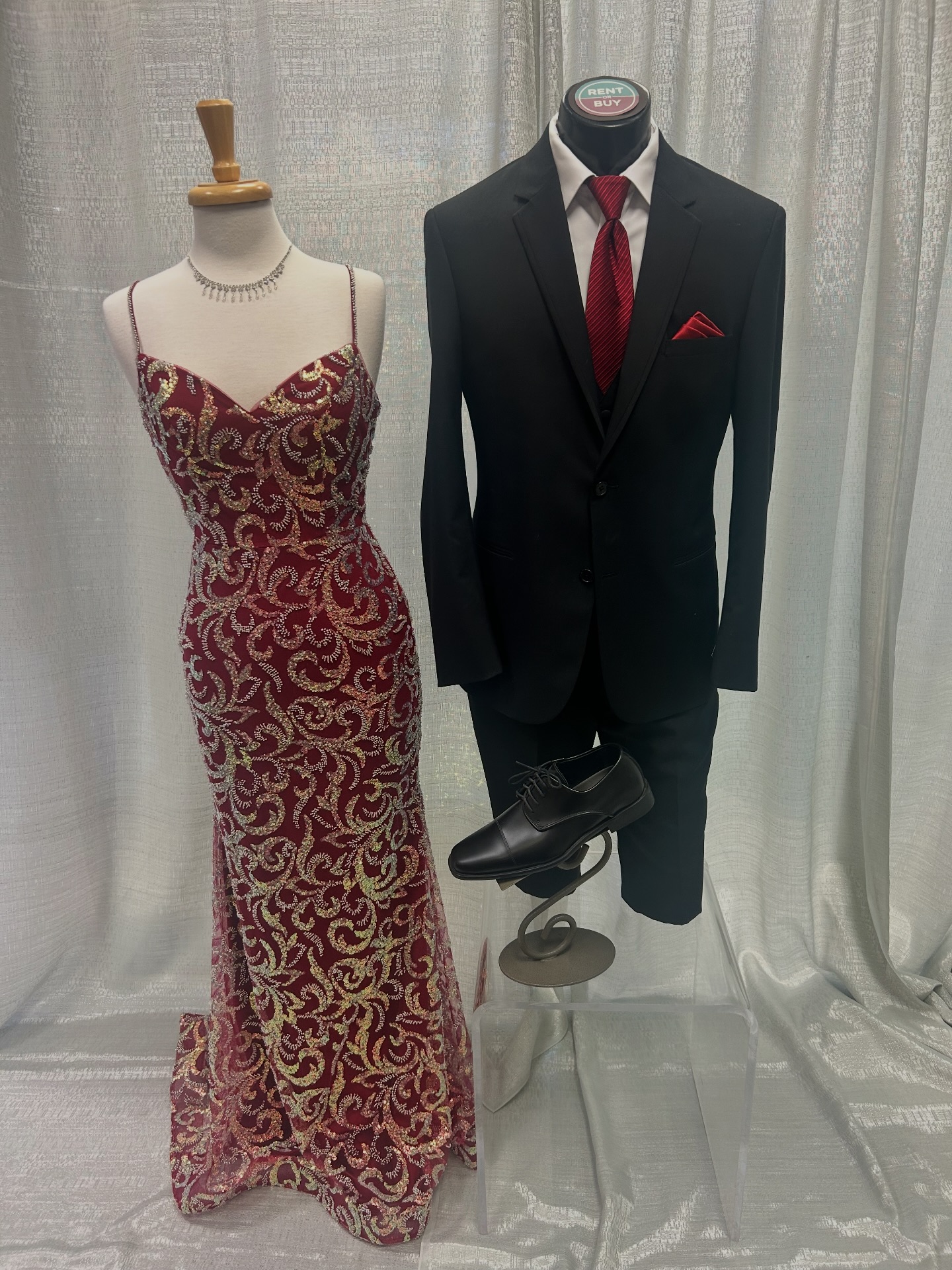 red prom dress with grey tux Which suit would you pair this stunning dress? Dark grey, Black, Tan or Navy? Comment down below! 🤩 #promseason #jfw #tuxrental #promdress Black wedding guest maxi dress