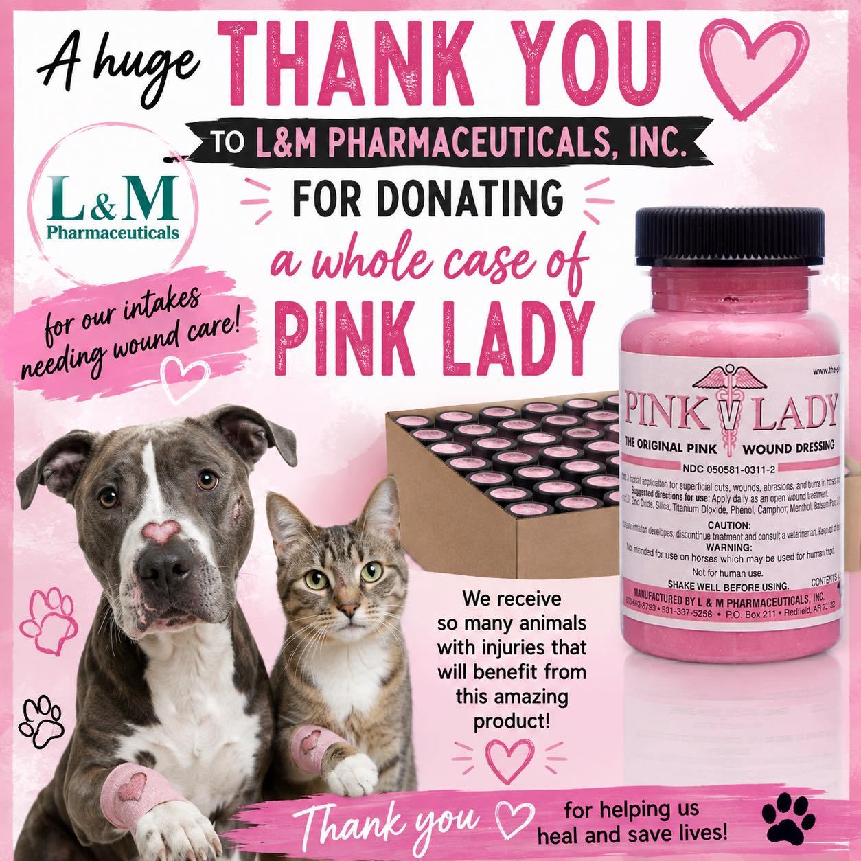 pink lady wound dressing L&M Pharmaceuticals donates care supplies to Pine Bluff Animal Control Horse wound