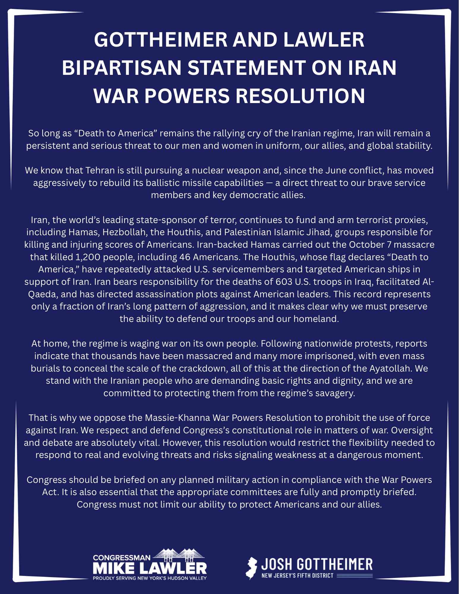 Rep - My statement with Rep. Mike Lawler on Iran War Powers Resolution ...