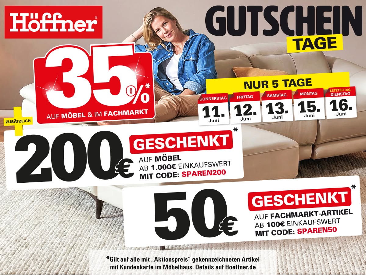 ✨ HÖFFIS GUTSCHEINTAGE IN PADERBORN ✨ Jetzt mit eurer Höffner Kundenkarte kräftig sparen: 🏠 35 %* auf alle mit „Aktionspreis“ gekennzeichneten Möbel und Fachmarkt-Artikel + Gutscheinvorteil**! 🌼 35