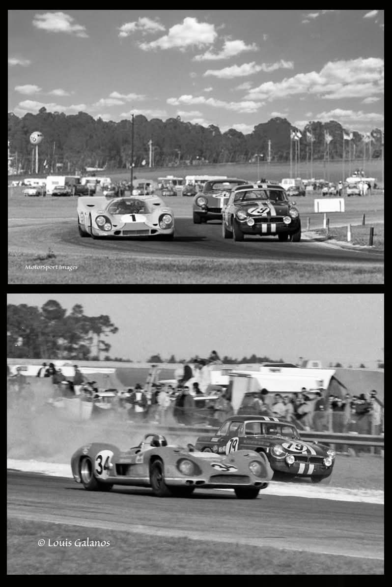1970s sports car racing photos featuring MG B and Porsche 917