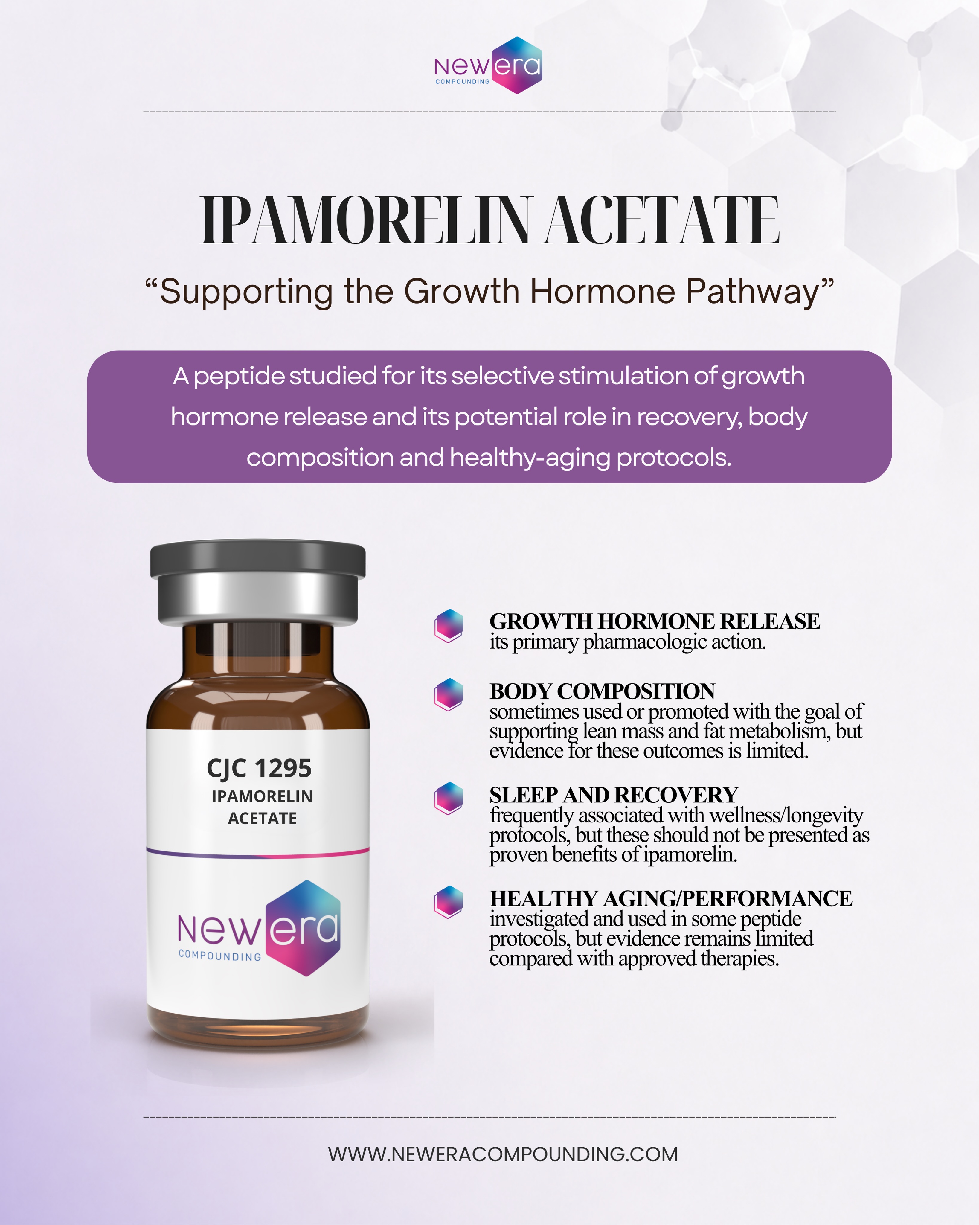 Discover Ipamorelin Acetate: a peptide studied for its role in growth hormone signaling, recovery, body composition, and healthy aging. Precision compounding. Personalized care. #NewEraCompounding #PeptideTherapy #HealthyAging #Longevity