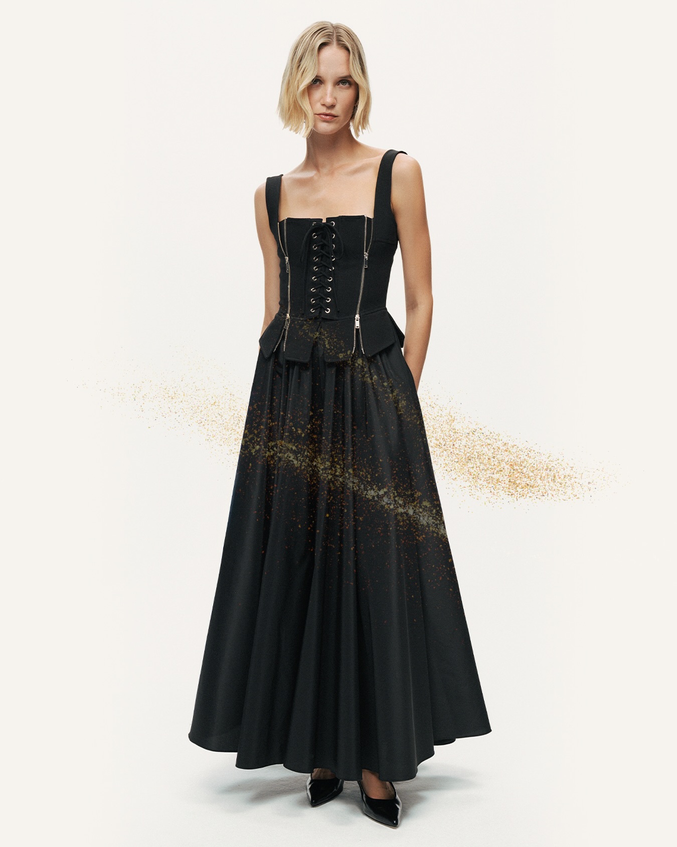 The black maxi dress with a zipper-detailed corset, the one piece to dominate party season. #CelebrateTheNocturneWay