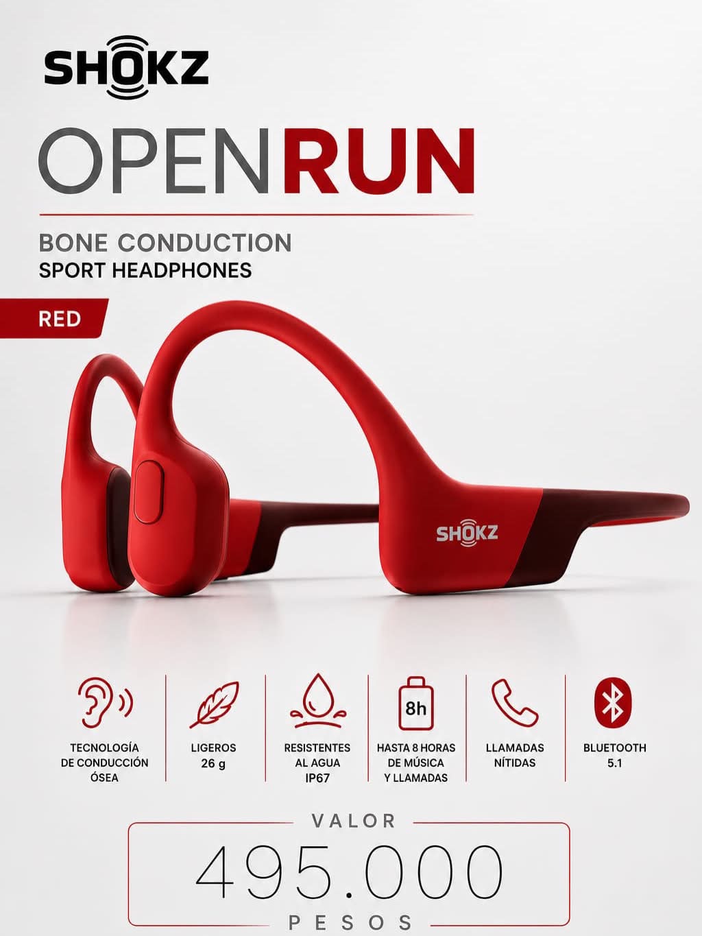 Shokz OpenRun – écouteurs Sport Conduction Osseuse, IP67, Charge Rapide USB-C