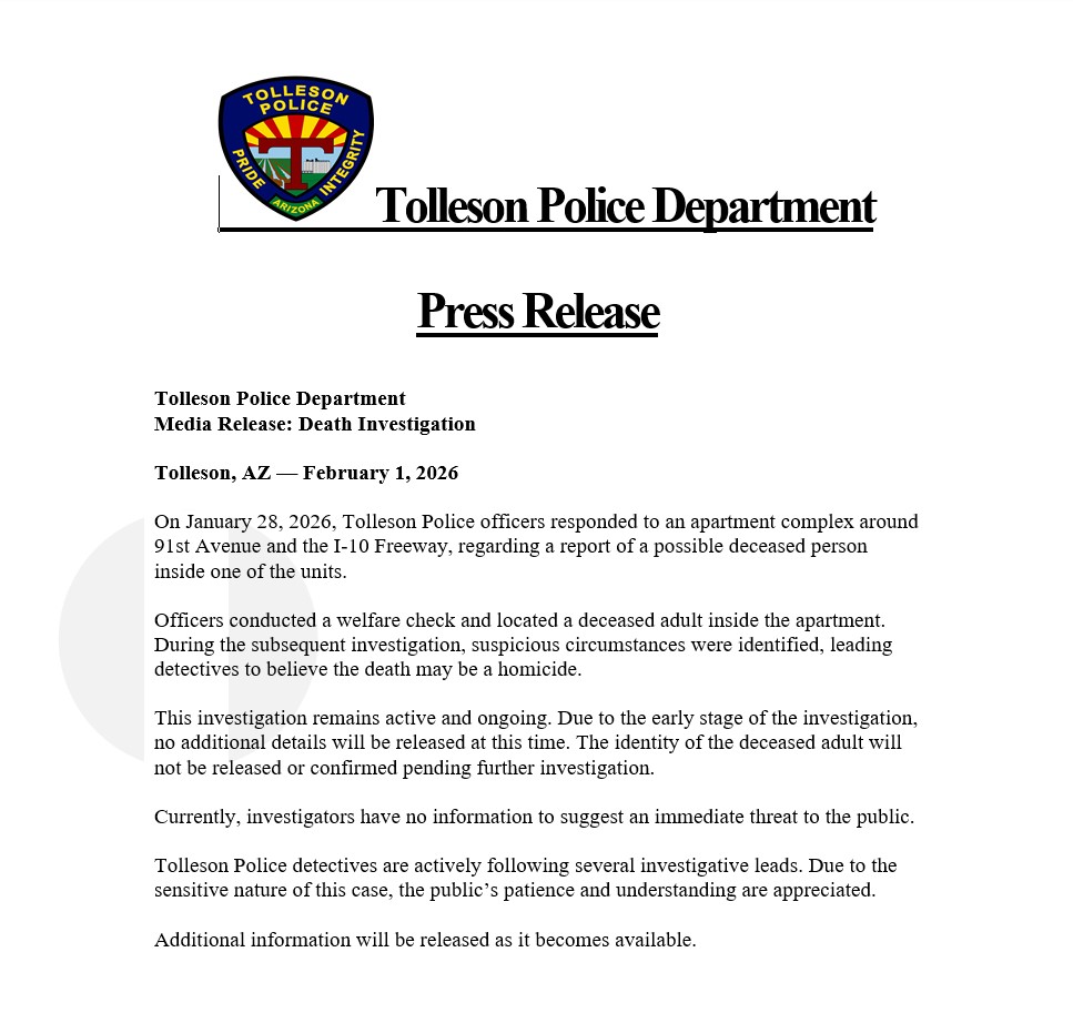 Justin - NEW: Tolleson PD releases statement on death investigation ...