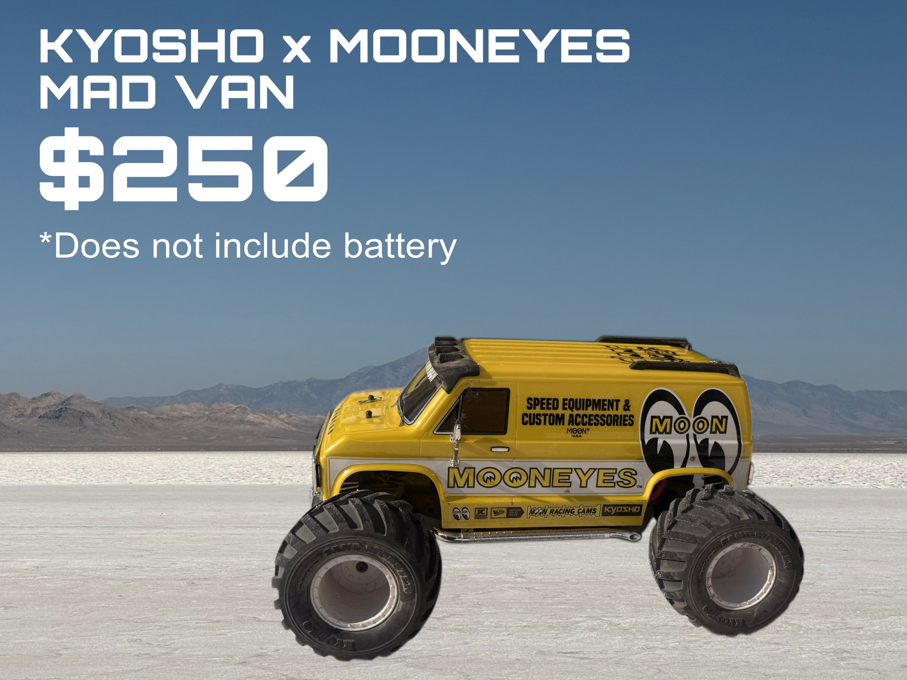 Our KYOSHO x MOONEYES MAD VAN Watch it ZQQM on the salt! 👀 $250 +
