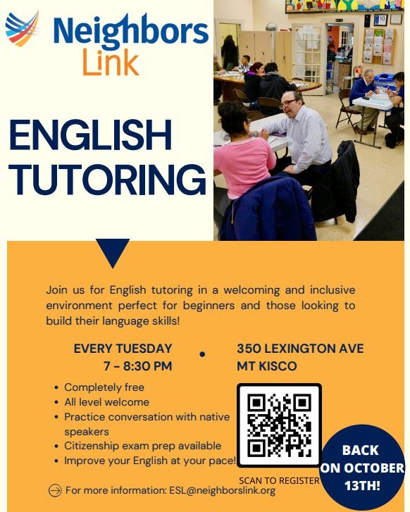 Free english tutoring in Mt Kisco on Tuesdays