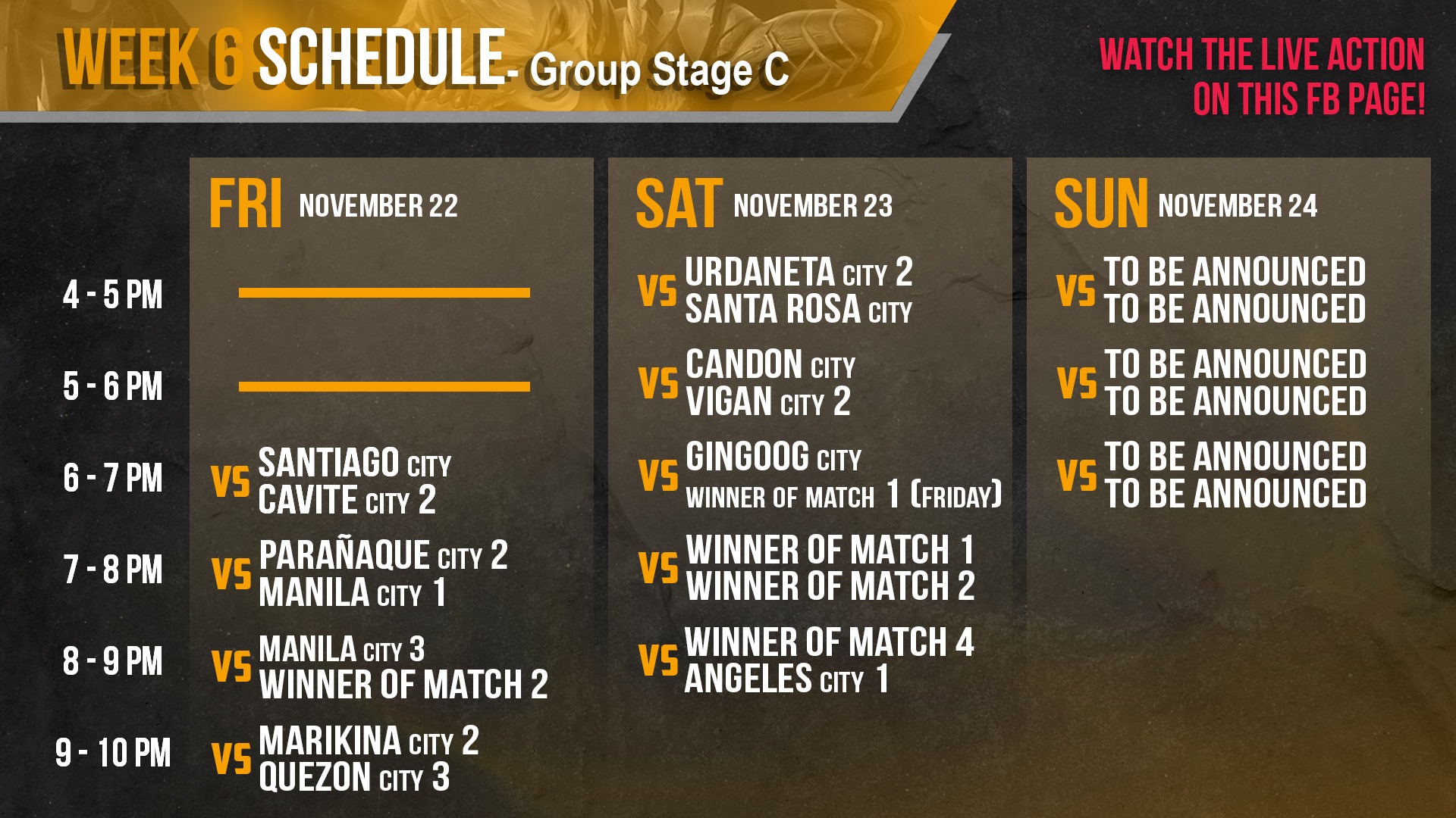 The schedule for Group C of BvsB... - Bayan Mo VS Bayan Ko
