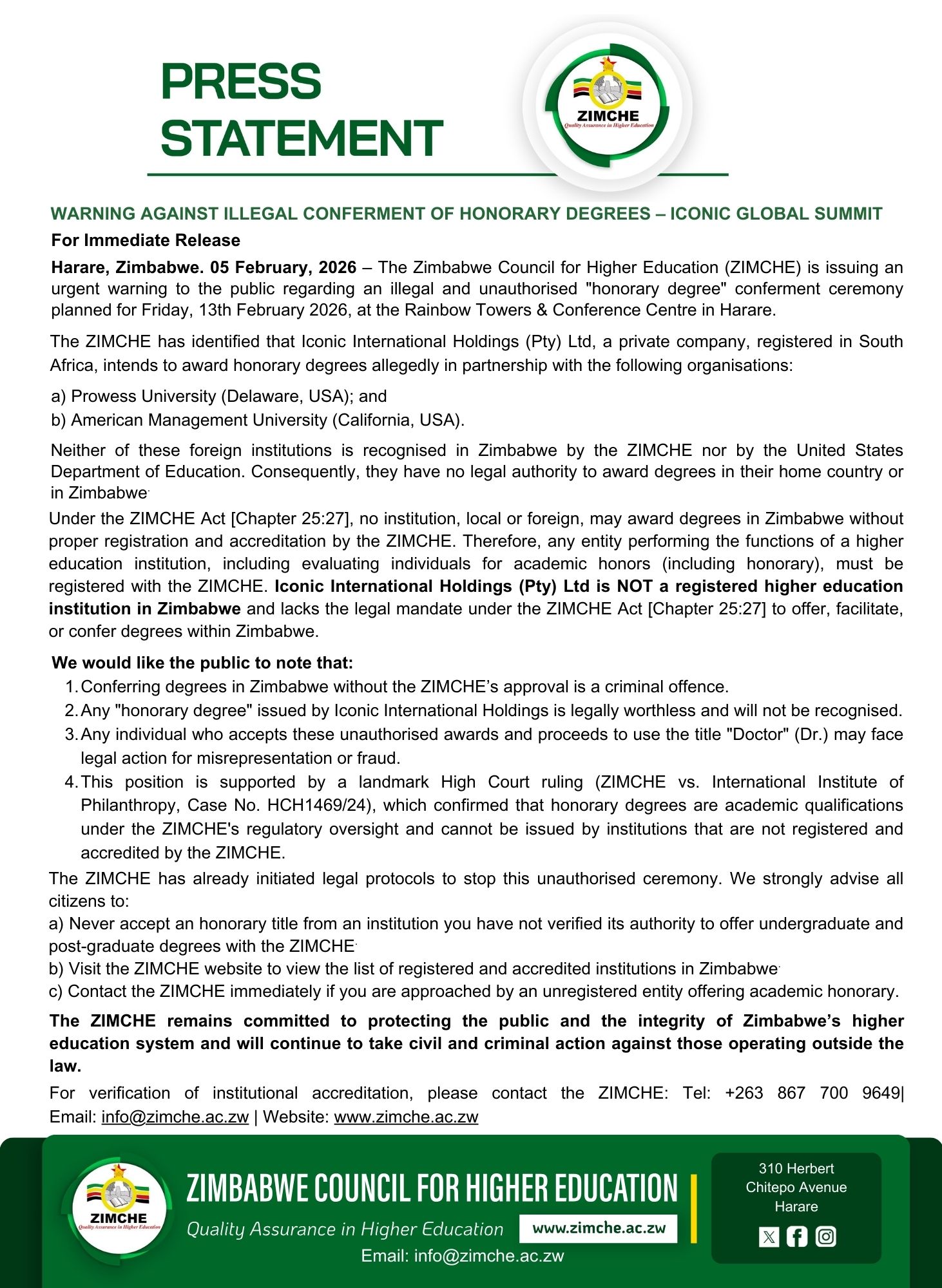Zimbabwe Council for Higher Education | Harare
