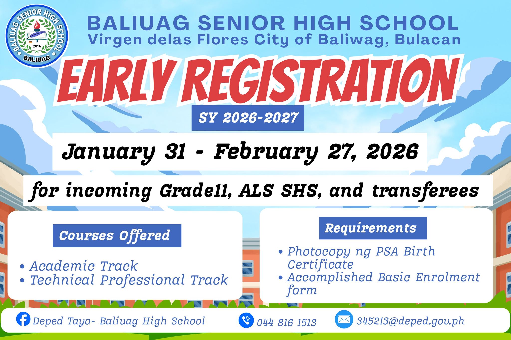 DepEd - EARLY REGISTRATION IS NOW OPEN! 📣 Baliuag Senior High School is ...