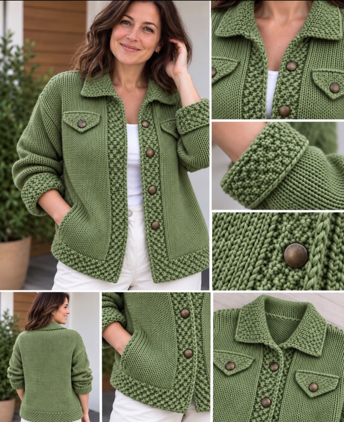 Cozy Olive Green Hand-Knit Jacket with Elegant Details