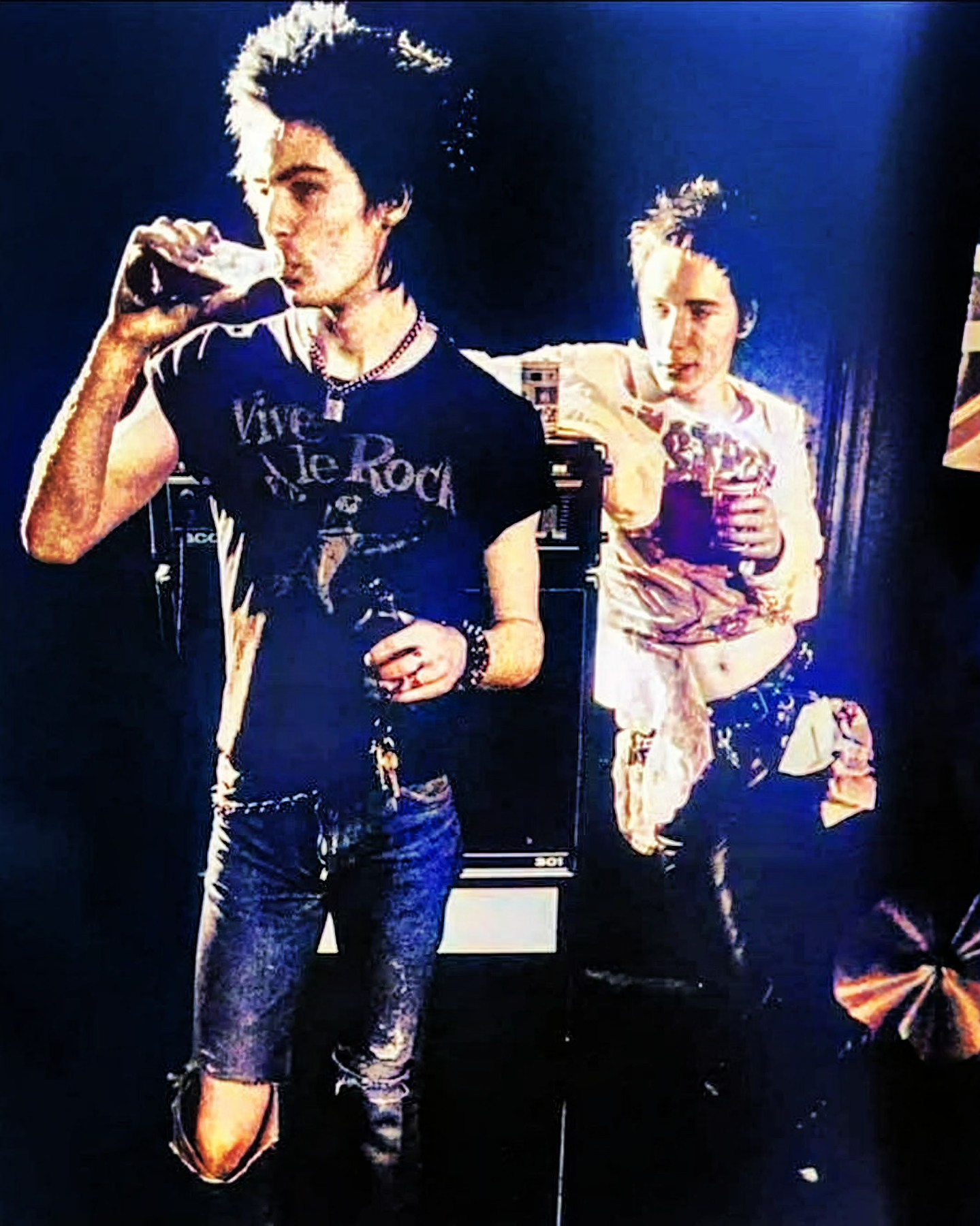 Sid Vicious and Johnny Rotten of the Sex Pistols on stage at the