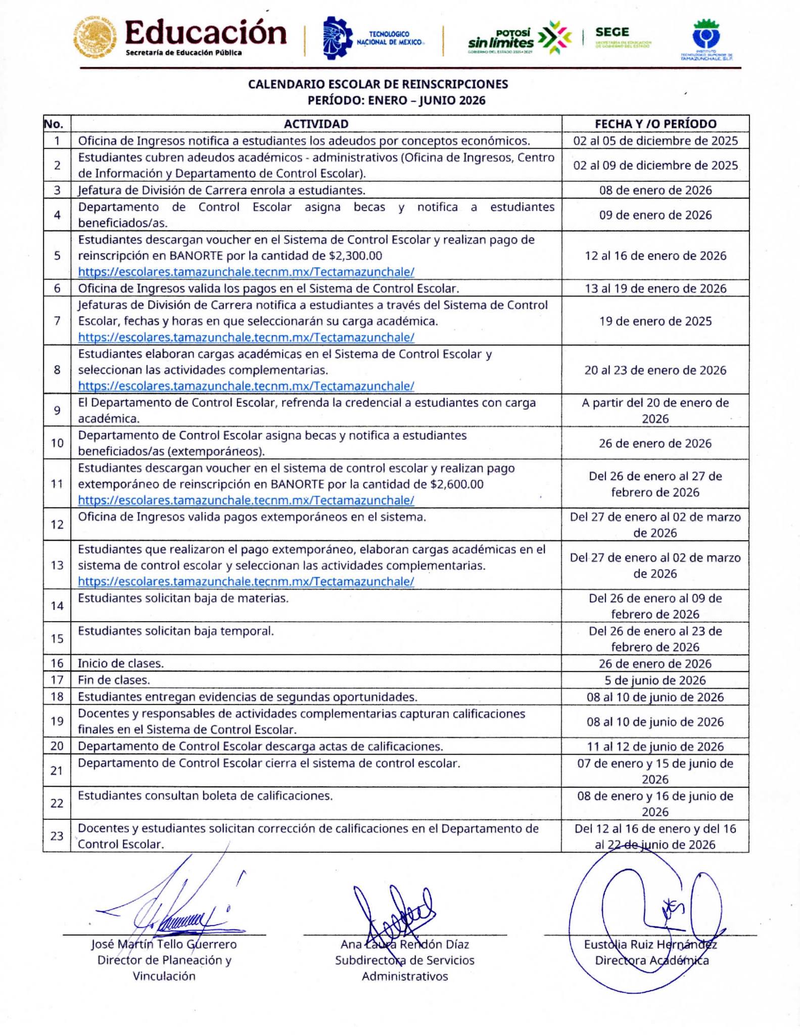 TECNM - CALENDARIO ESCOLAR DE REINCRIPCIONES DEL PERÍODO: ENERO - JUNIO ...