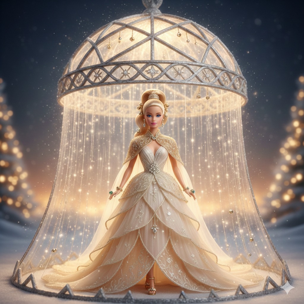 christmas bells are ringing wedding dress Queen of the Sacred Ai Barbie ✨ A pure fantasy Christmas Barbie doll radiant gold, holy light, bells, and celestial winter magic. Divine elegance, sacred holiday energy, and timeless Size:Child Height : 110cm