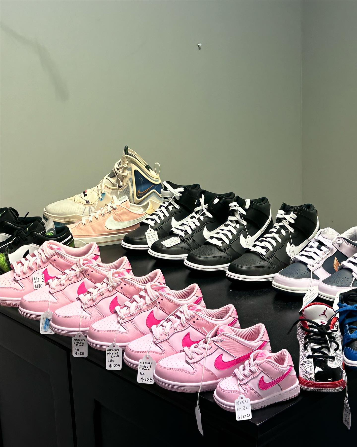 Pink & white dunks - 9.5c Black, white & grey 1s - 6c Red and