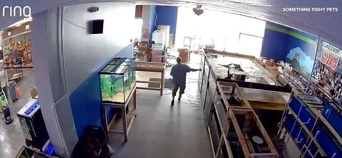 A massive fish tank burst Monday afternoon at Somethin' Fishy Pets