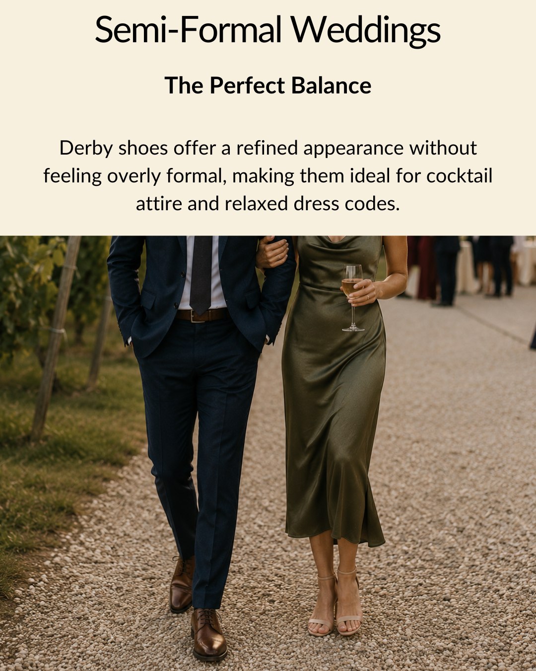 Think every wedding calls for Oxfords? Not always. Derby dress shoes are a great choice for garden weddings, semi-formal ceremonies, and outdoor celebrations where you want a polished look without feeling overdressed