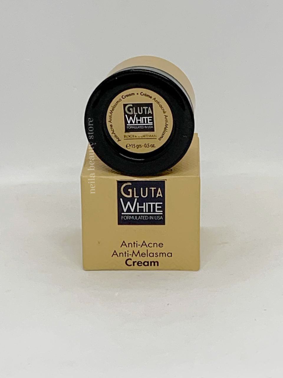Gluta White Anti-Acne, Anti-Melasma Cream. GLUTA WHITE facial cream is anti-imperfec-tions and anti-tasks care. it makes the complexion uniform and beautifying. Directions:Apply on the effected areas. Note: Patch test is recommended. Creme