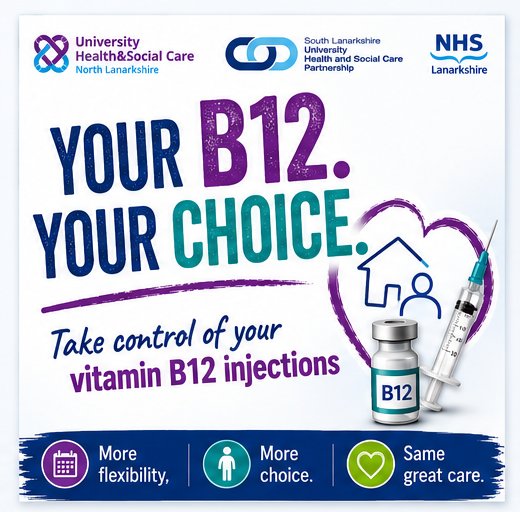 📣People in Lanarkshire who receive regular vitamin B12 injections may now be able to administer them at home. 💉 The new self-administration programme gives eligible patients greater flexibility, independence and control over