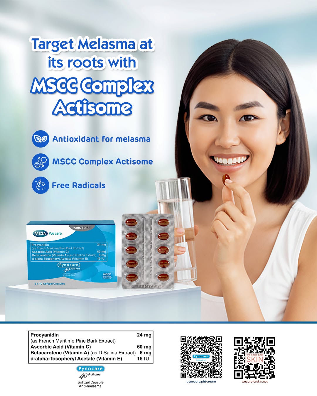 pynocare vs glutathione Procyanidin + Ascorbic Acid + Betacarotene + d-Alpha-Tocopheryl Acetate ( Pynocare) is a antioxidant for melasma that contains MSCC (Melasma Skin Clear Complexion) Complex Actisome. Developed by Mega We Care Institute MSCC Complex body Grind Type:Whole Bean Here's how drinking bone