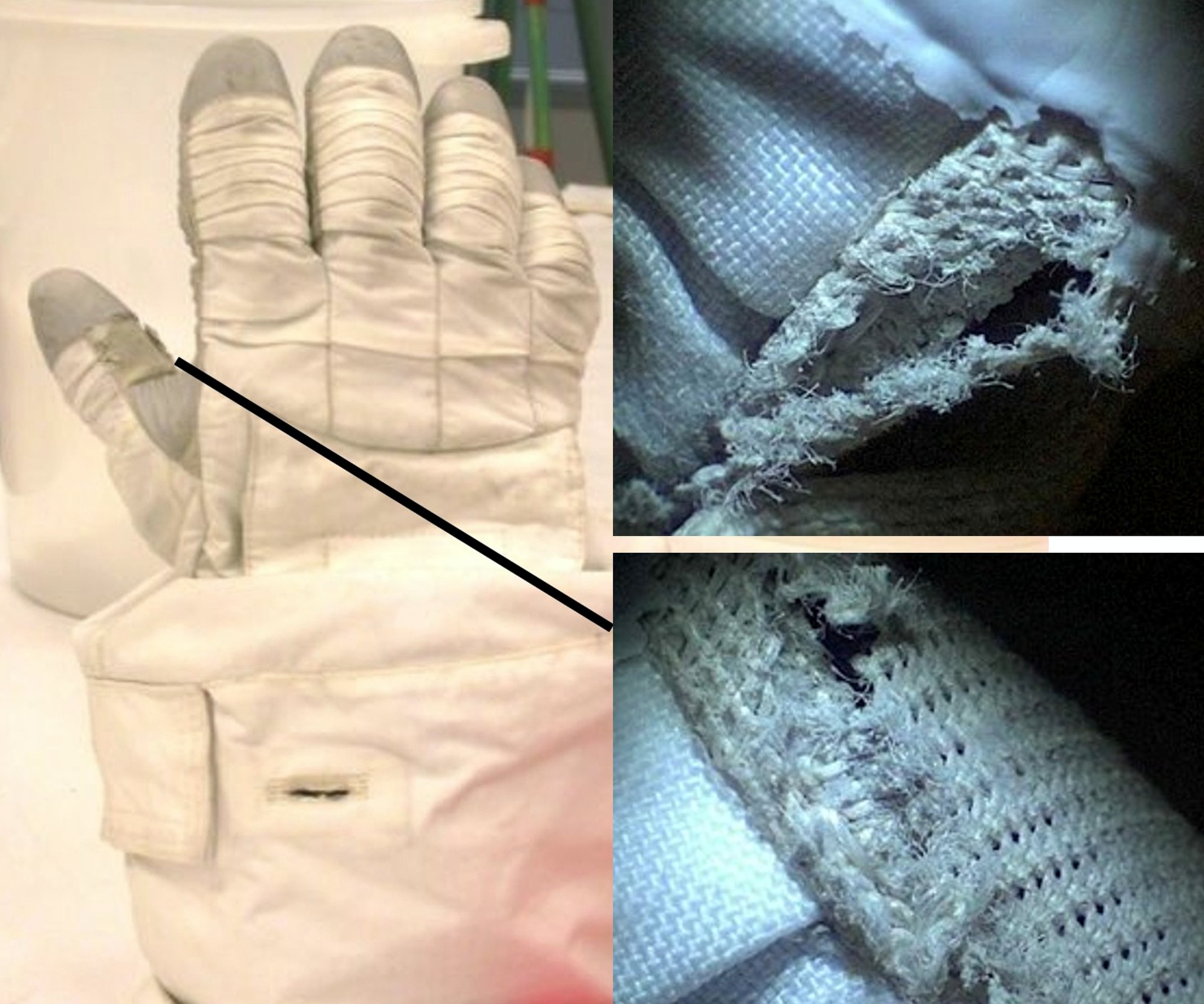 Damaged spacewalking glove. The Space Station gets bombarded by 