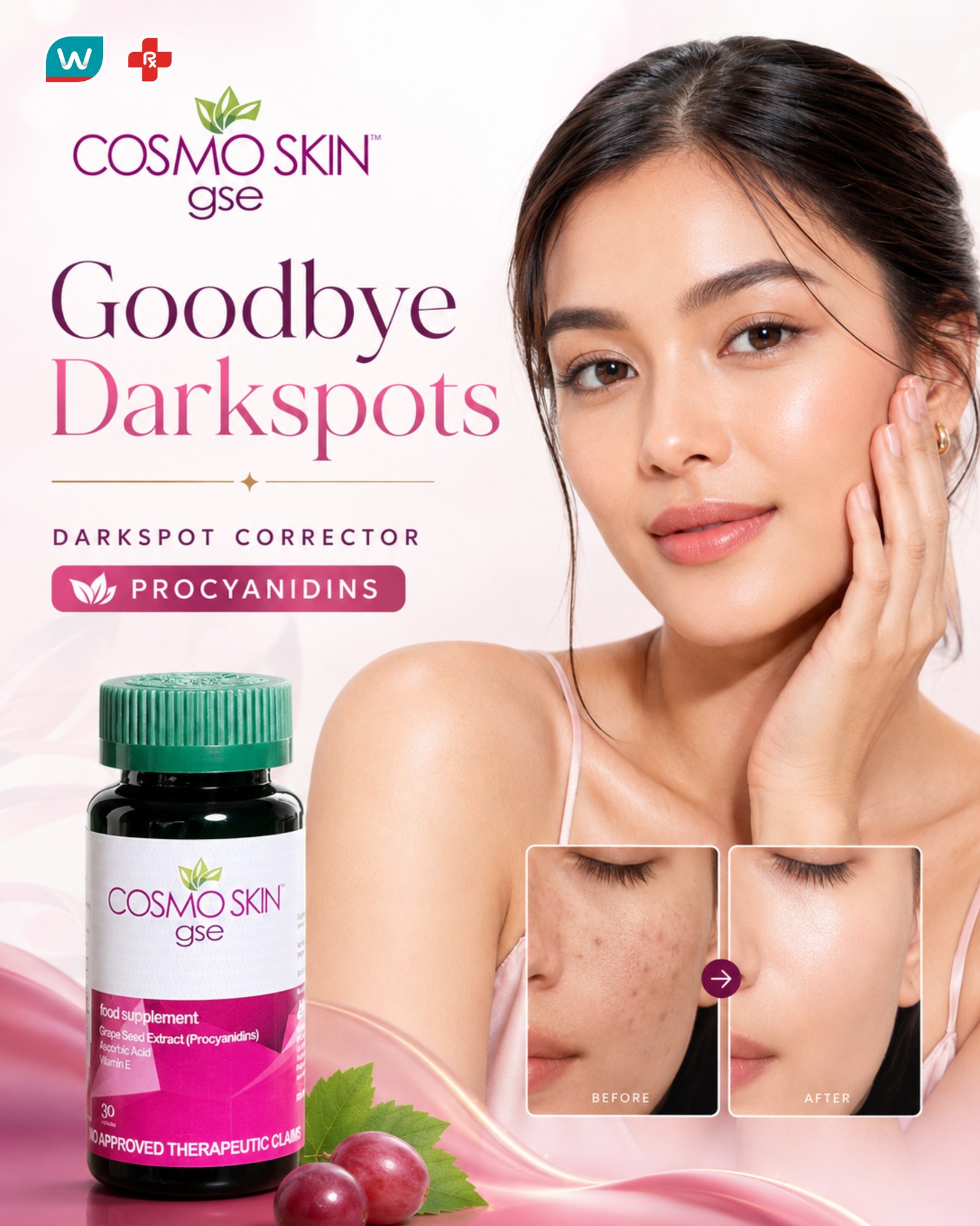 Goodbye dark spots, hello radiant-looking skin. Cosmo Skin GSE is formulated with Grape Seed Extract standardized for Procyanidins, plus Ascorbic Acid and Vitamin E, to help support brighter-looking skin and a more