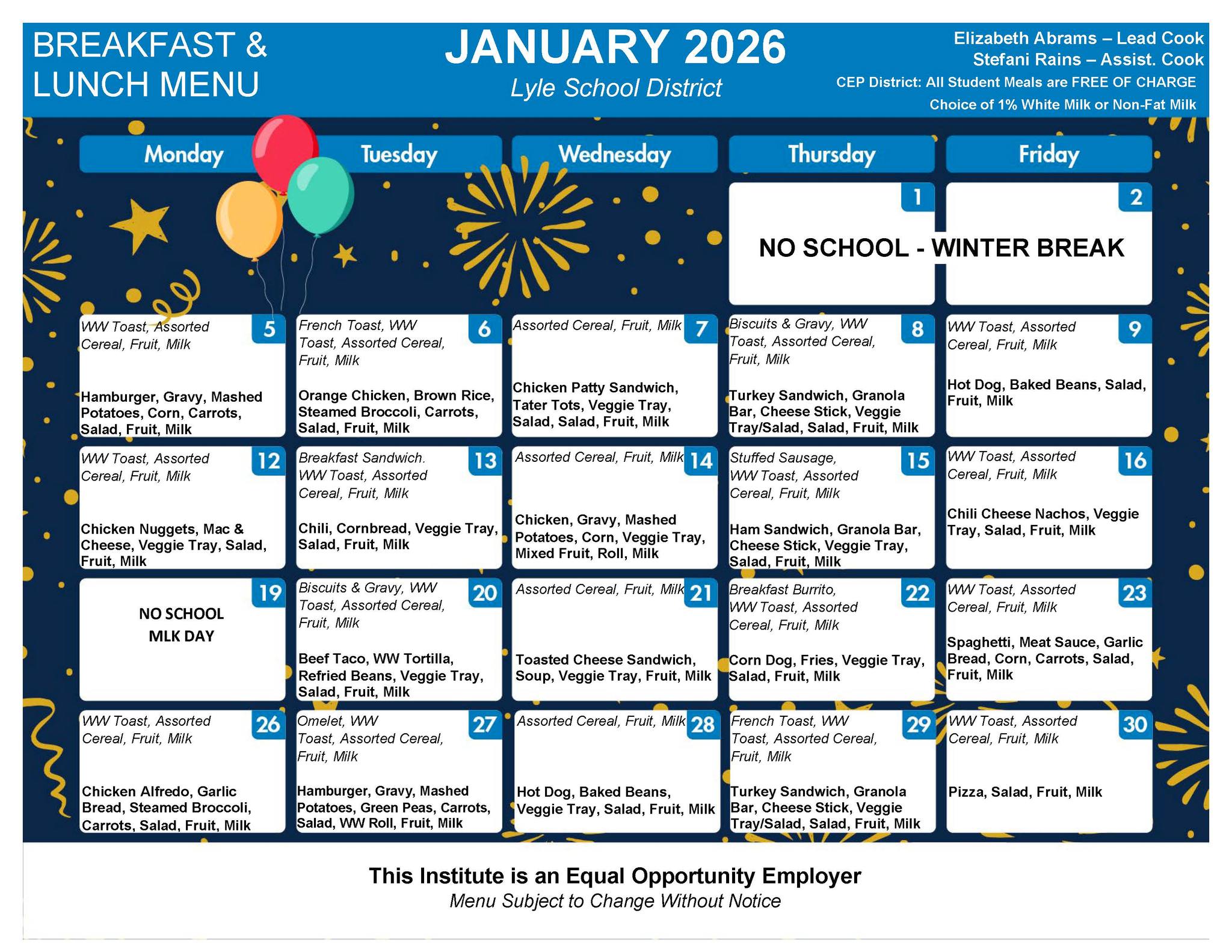 Lyle - January breakfast and lunch menu! Remember, current menus are ...