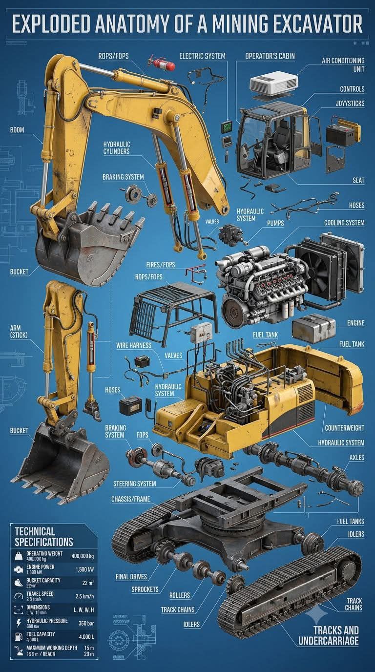 Mining excavator anatomy and technical specifications