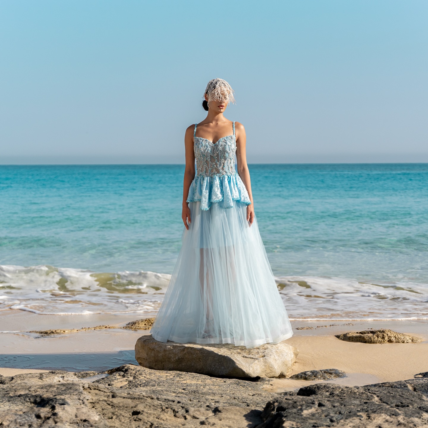coral blue dress Soirée in tulle and layered organza with delicate hand coral-shape embroidery Code: MA00301 color:Aqua