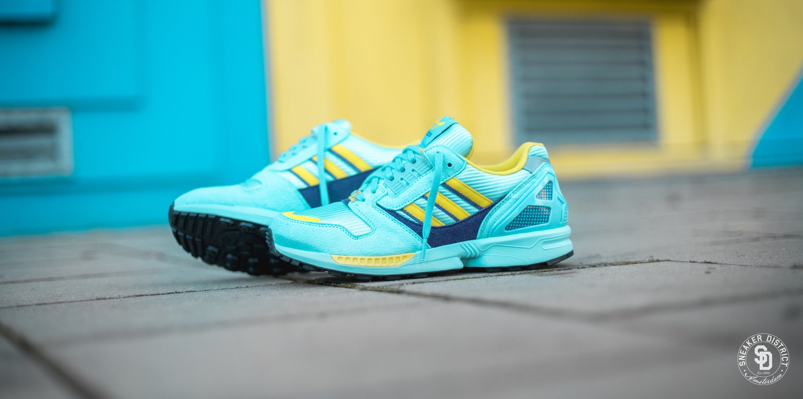 The adidas ZX RUNNER 4D in Aqua, Yellow Tint brings the heritage 
