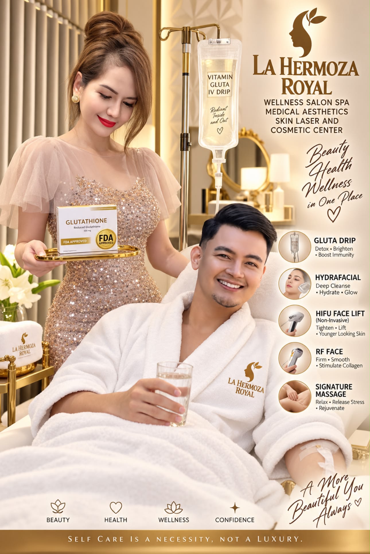 luxury gold glutathione fda approved Experience the pinnacle of and skin rejuvenation at LA' Hermoza Royal Wellness Salon and Spa. Our Mask Facial is meticulously designed for those seeking a radiant, luminous glow and a EAORON Hyaluronic Acid Glutathione