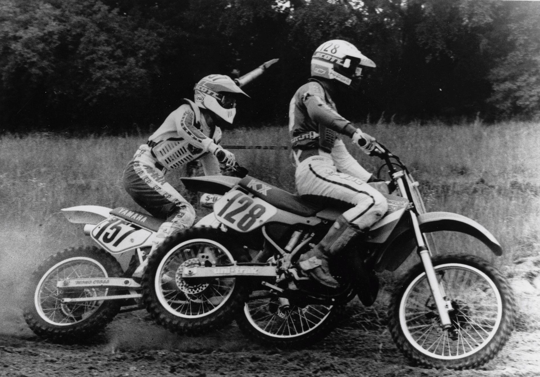 Rider - Kenny Kizzar (157) and Darryl Ahonen (128) racing in the 250cc ...