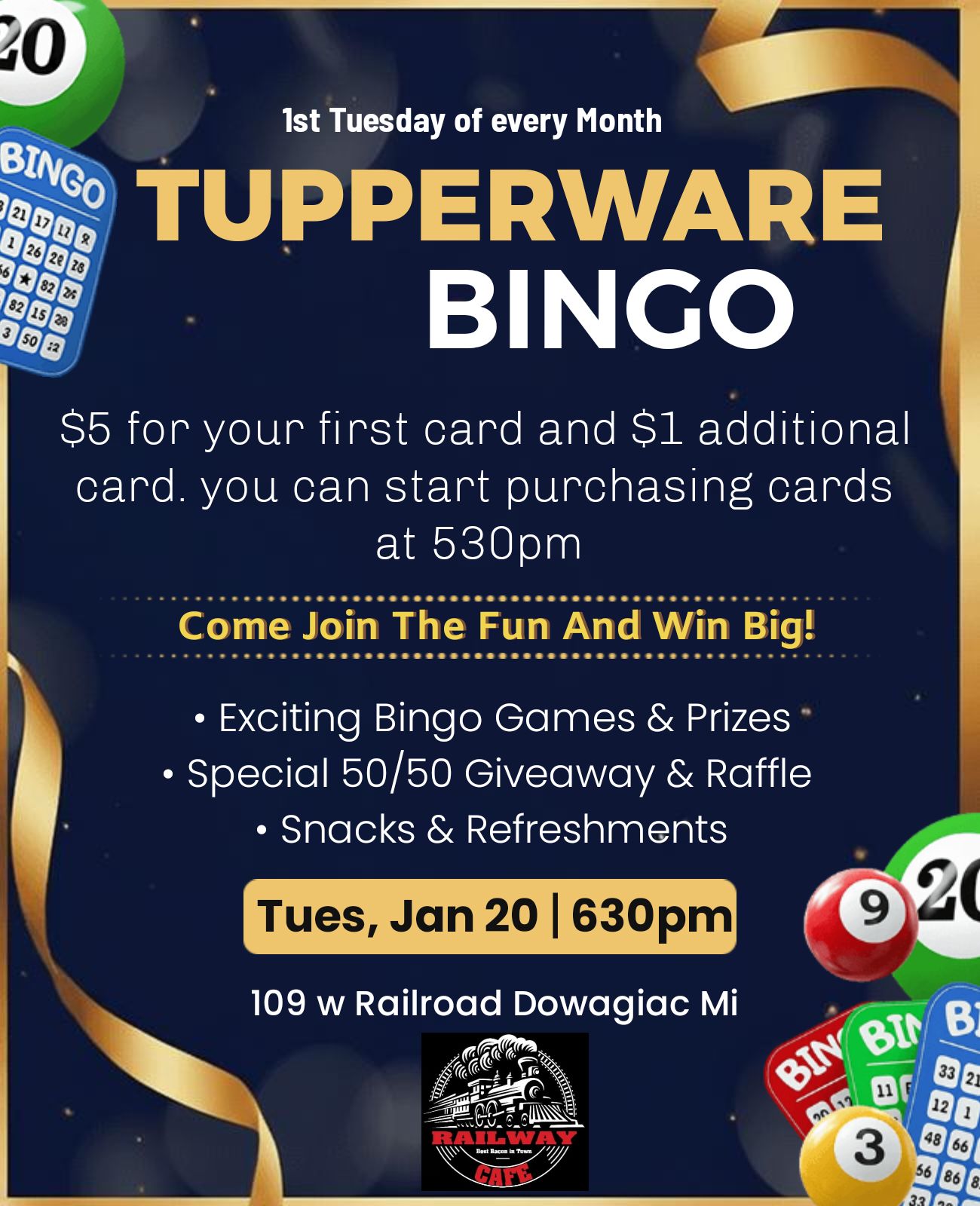 We are have BINGO Tuesday Jan. 20th at... - The Railway Cafe | Facebook