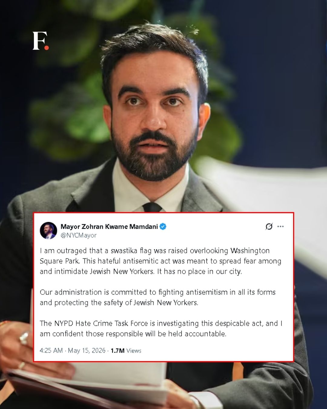 Mayor Zohran Kwame Mamdani expressed outrage over a swastika flag