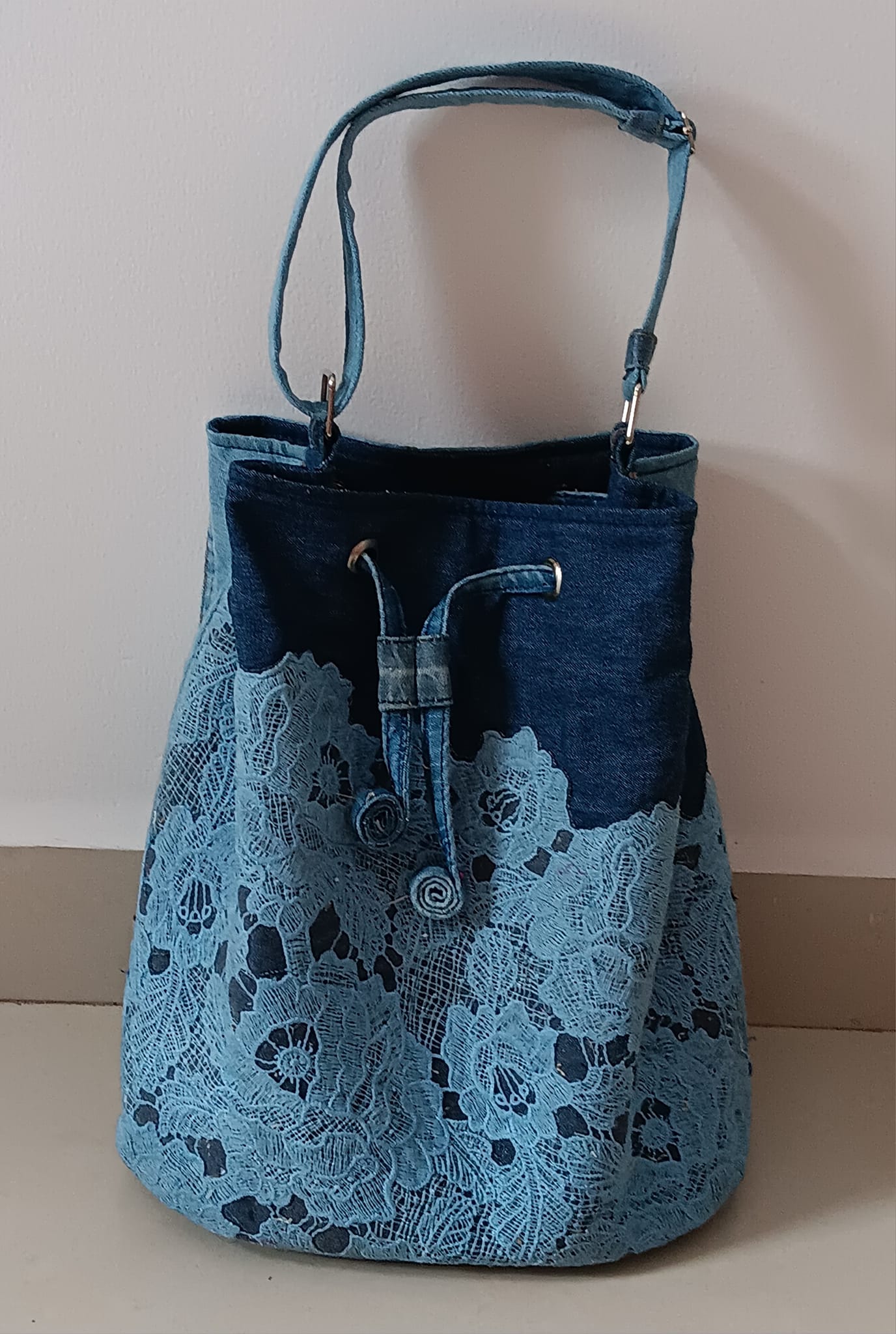 denim crochet and faux leather backpack Kit allowing you to customize your look to match your outfit or mood Denim and Silver Leather Backpack