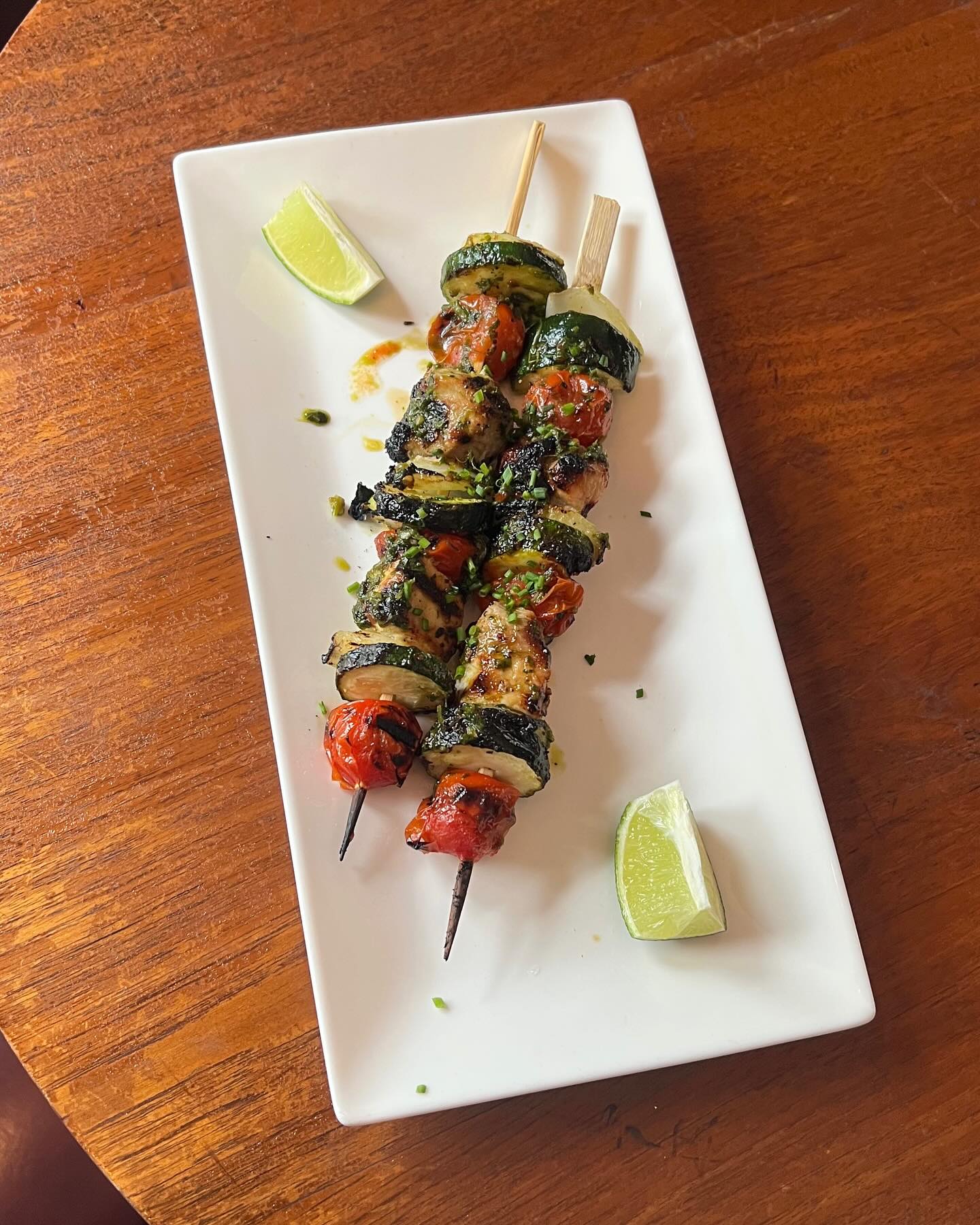 Red - Special! Chimichurri pork skewers with tomato, zucchini, onion ...