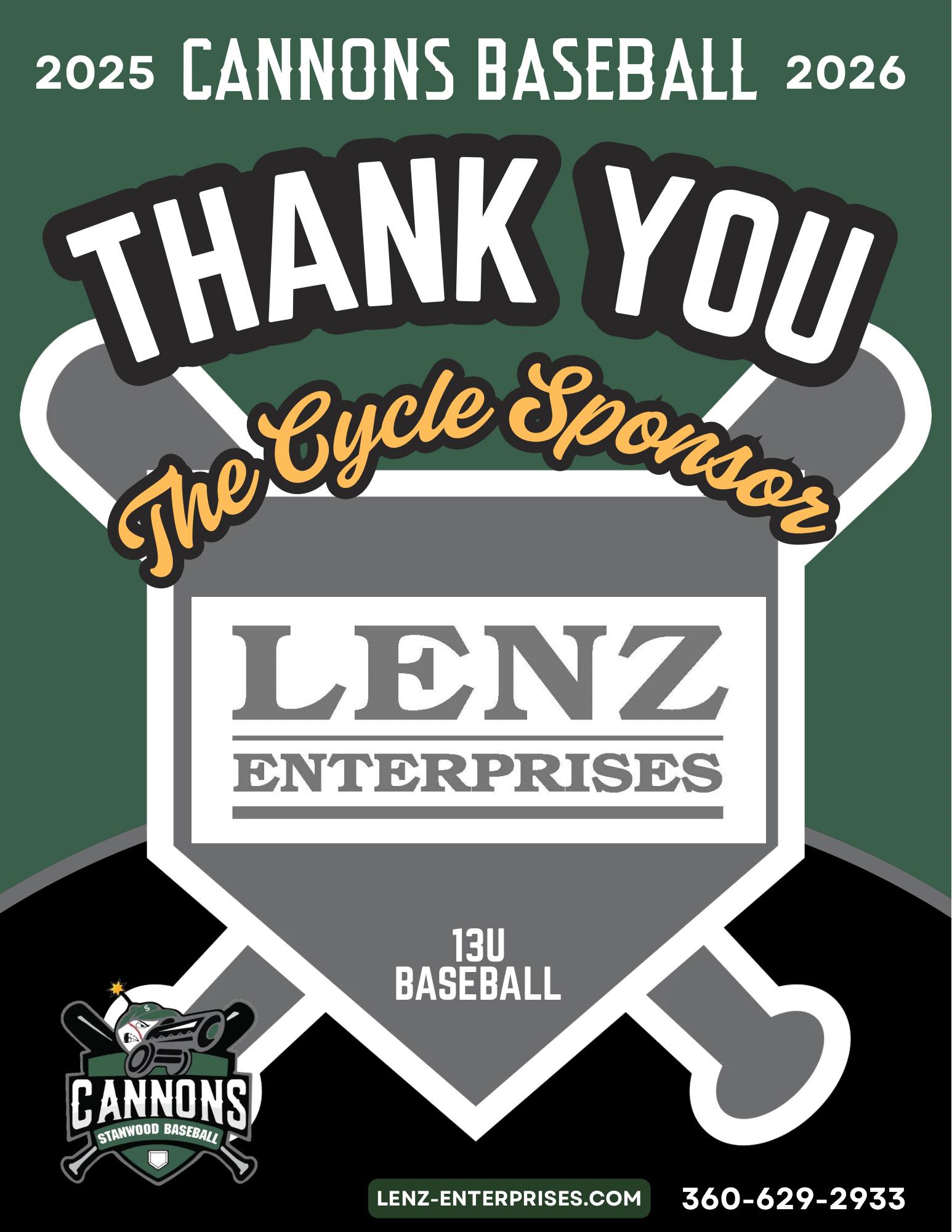 Stanwood Cannons thank Lenz Enterprises for sponsorship