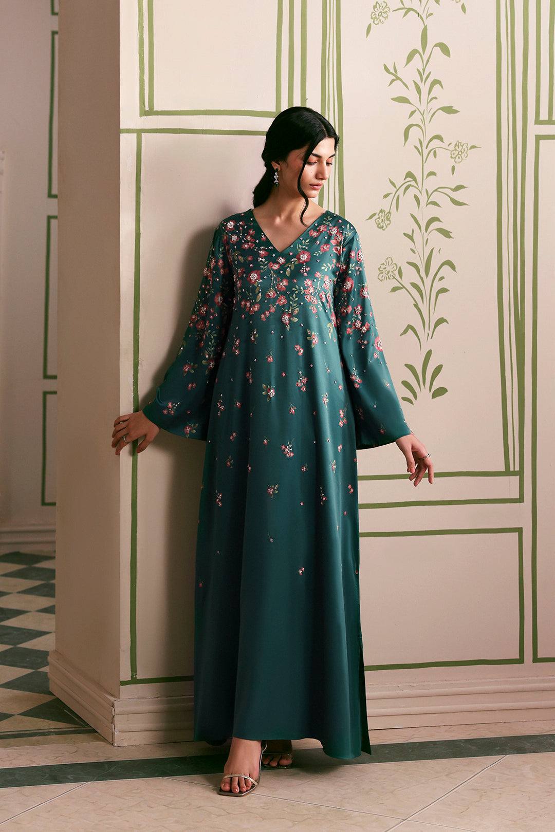 lulusar green dress Teal silk with crystal-embellished florals by Silk