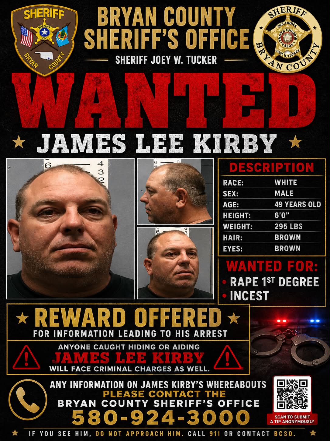 🚨 WANTED JAMES LEE KIRBY🚨 The Bryan County Sheriff s Office is  