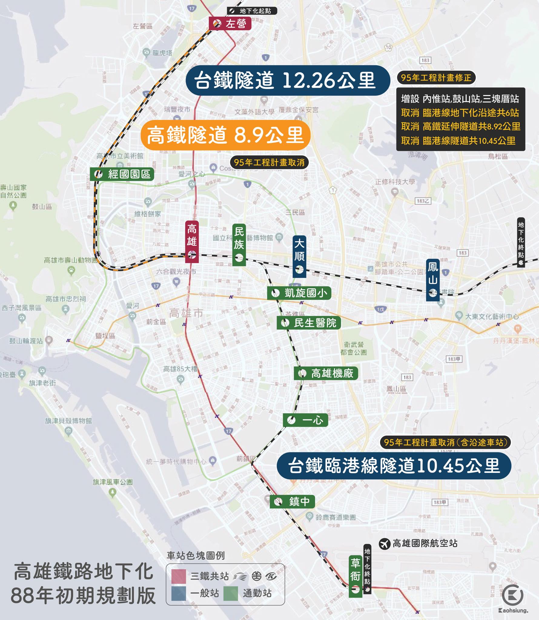 高雄點 Kaohsiungtien - 高雄都會區鐵路地下化民國88年初期規劃版，後續因工程規模(地下工程長度近30公里)及經費(1159. ...