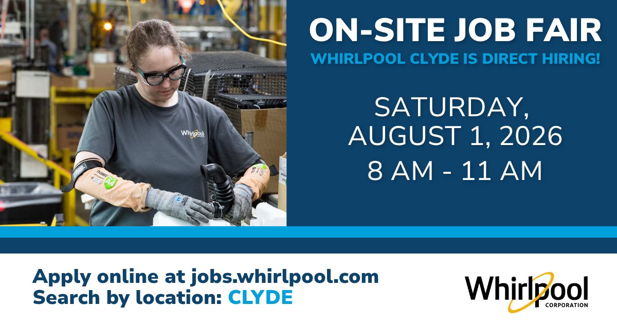 We're hiring at Whirlpool Clyde! Apply online at jobs.whirlpool