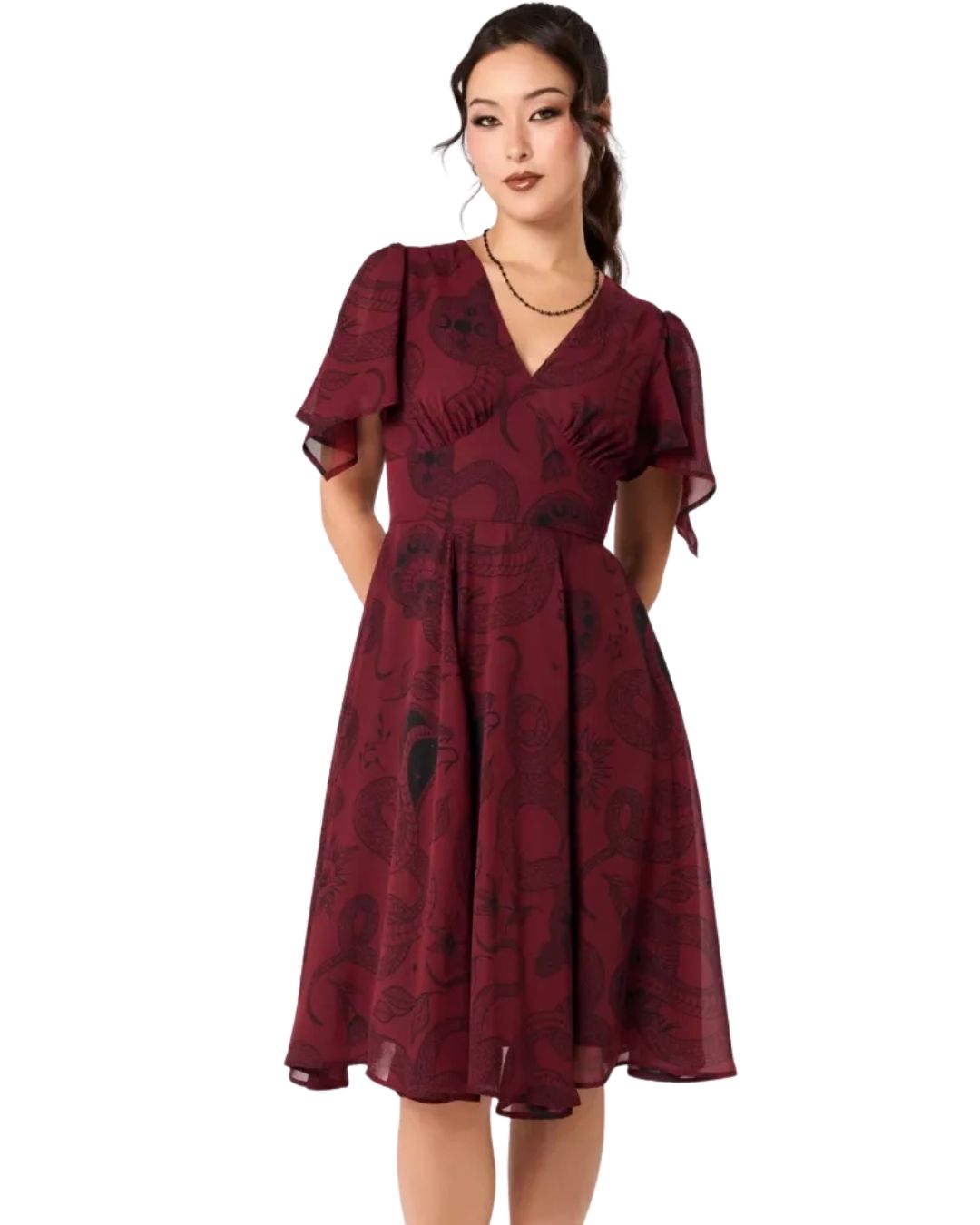 hell bunny burgundy dress BRAND OF THE WEEK: 🖤🦋 Indulge in dark romance with the newest drop from Hell Bunny! This collection is all about whimsical dark aesthetics—featuring intricate moth embroideries, delicate spiderweb knits Burgundy velvet