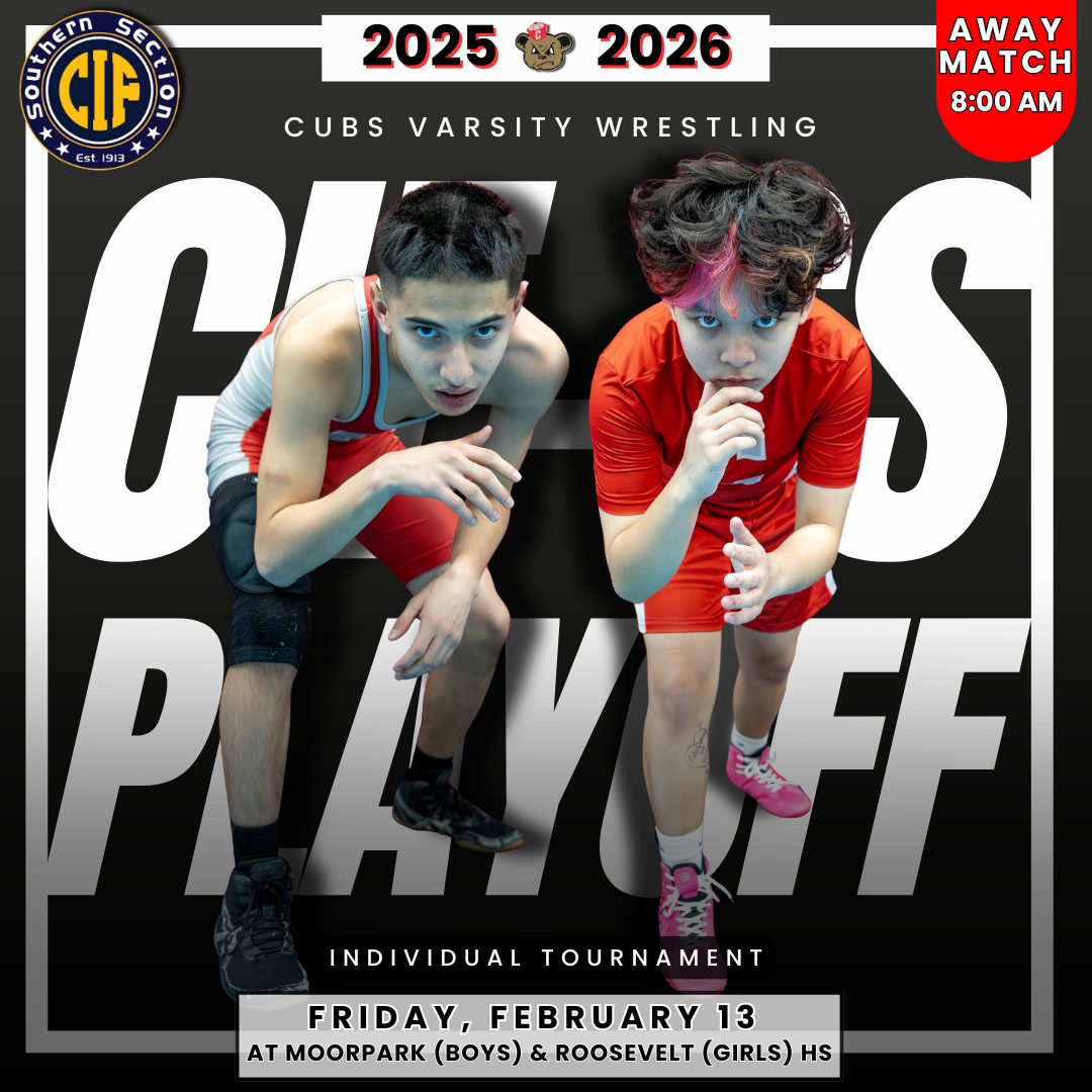 🤼‍♂️🔥 CIF-SS WRESTLING PLAYOFFS 🔥🤼‍♀️ It's time for the Individual Tournament! 🐻 Girls Wrestling will compete at Roosevelt High School 🐻 Boys Wrestling will compete at Moorpark High School This is the