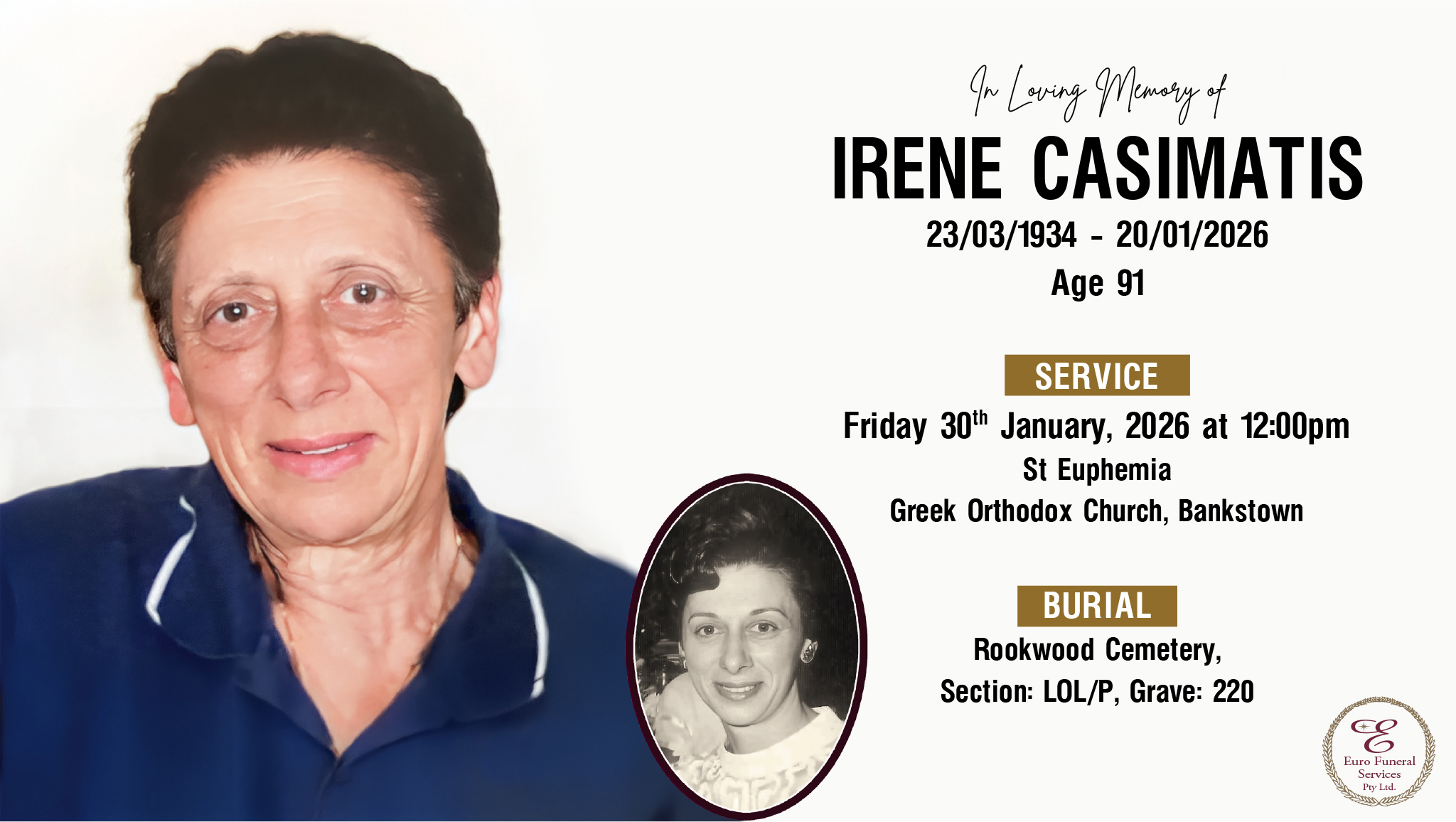 Euro - Irene Casimatis 23/03/1934 – 20/01/2026 Age 91 | Facebook