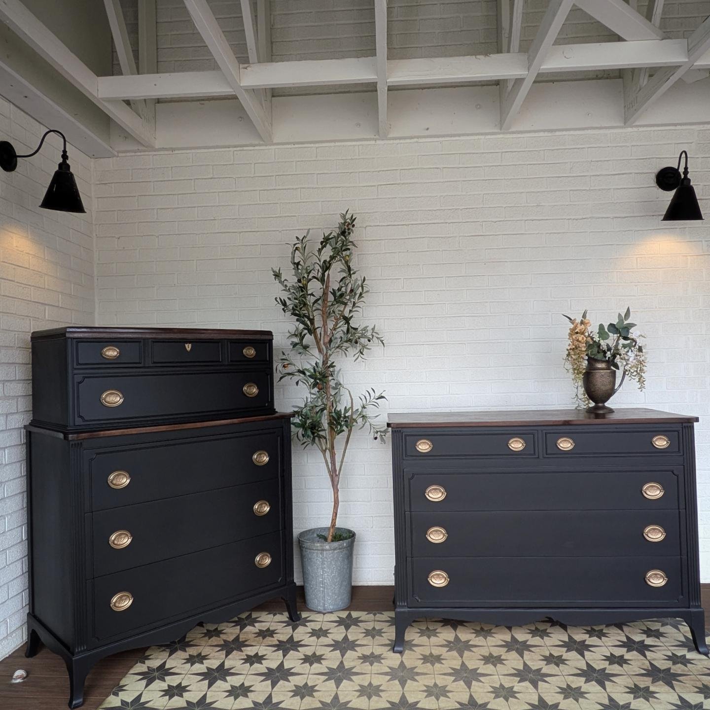 black and gold dresser tall SOLD Two-Piece high quality great condition set in with dark stained tops original Hardware in age brass. I don't always stain that middle ledge on the one, only sororityrush
