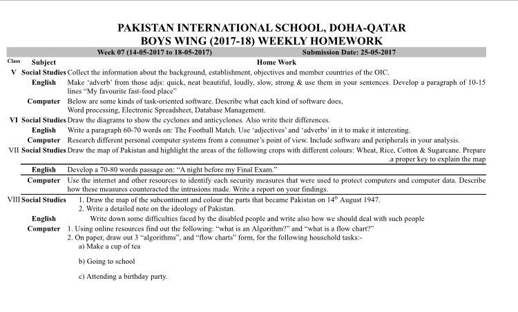 Weekly homework... - Pakistan International School Qatar