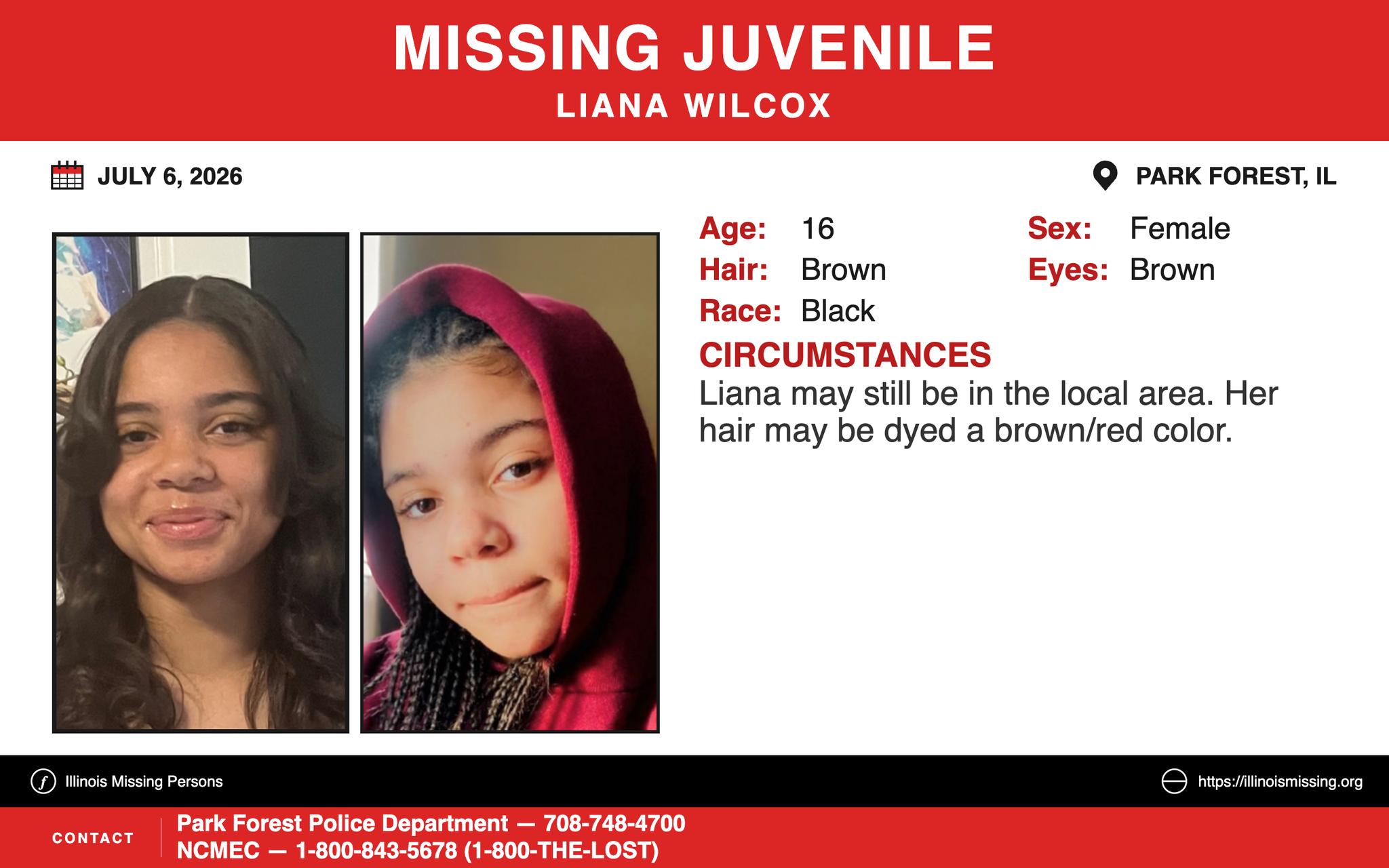 Illinois - 🚨 MISSING JUVENILE: LIANA WILCOX 🚨 📅 Missing since